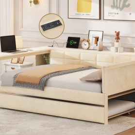 Full Size Upholstered Platform Bed with Storage Shelves, Desk, Charging Station and Trundle 31 Full Size Upholstered Platform Bed with Storage Shelves, Desk, Charging Station and Trundle