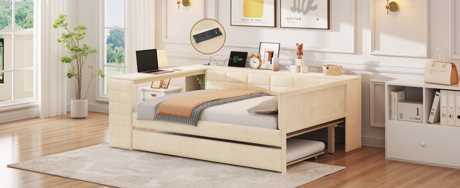 Full Size Upholstered Platform Bed with Storage Shelves, Desk, Charging Station and Trundle 11 Full Size Upholstered Platform Bed with Storage Shelves, Desk, Charging Station and Trundle
