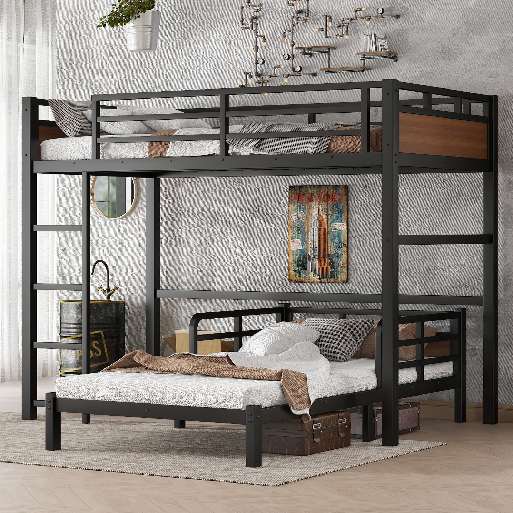 Twin XL Over Twin XL Metal Bunk Bed/Loft Bed/Platform Bed, with Raised Security Fence