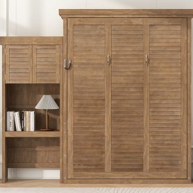 Queen Size Murphy Bed with Multiple Storage Shelves and Louvered Style Decoration