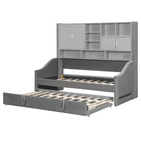 Twin Size Upholstered Daybed with LED Armrest Lights, Storage Shelves & Cabinets