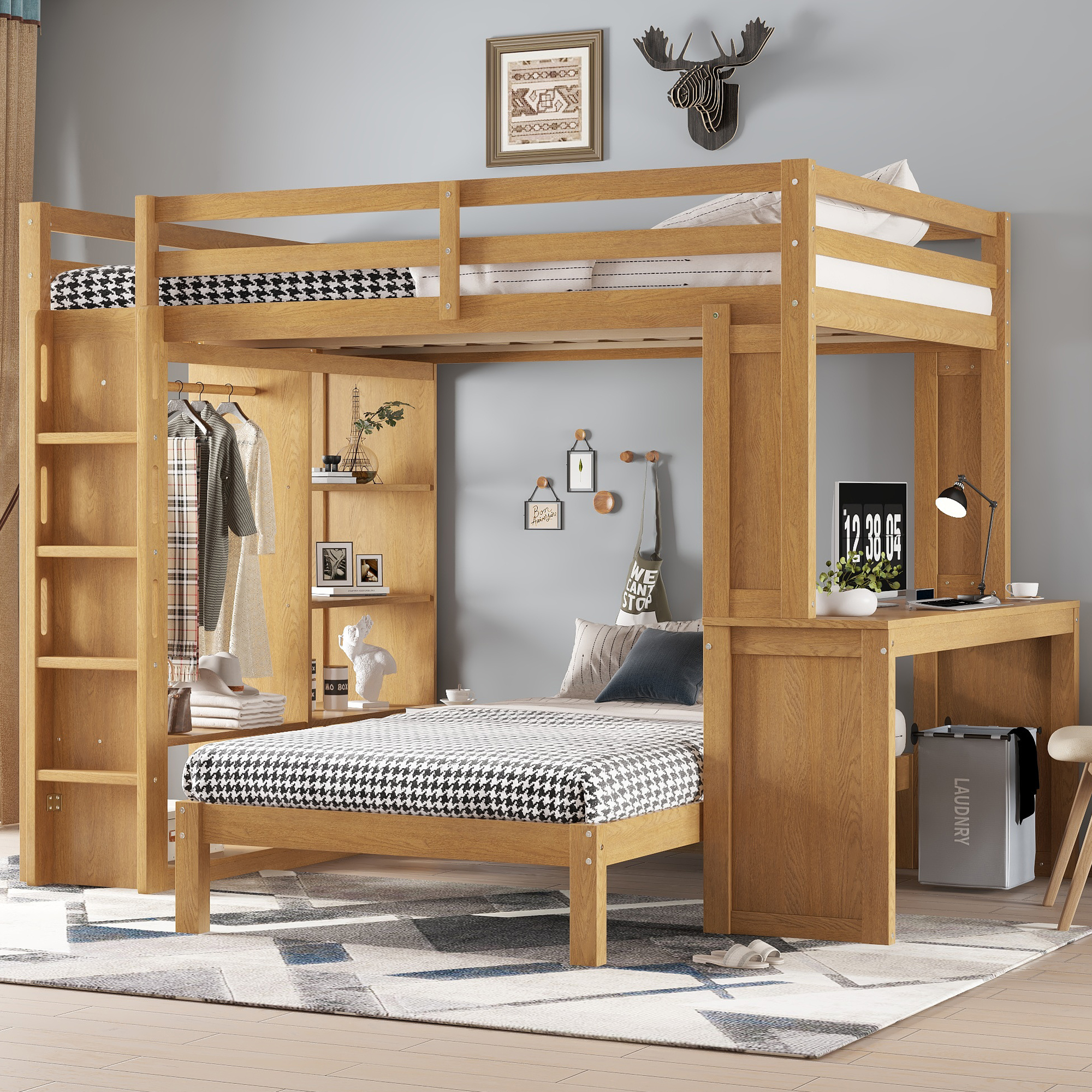 Assembly Instruction For W1580S00216 9 Solid Wood Queen Over Twin Bunk Bed With Dismountable Lower Bed, Desk, Built-in Shelves And Wardrobe
