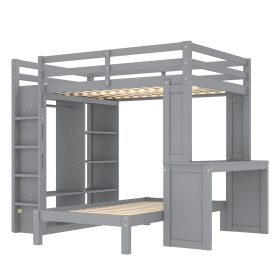 Solid Wood Full Xl/Full Over Twin Bunk Bed With Dismountable Lower Bed, Desk, Built-in Shelves And Wardrobe