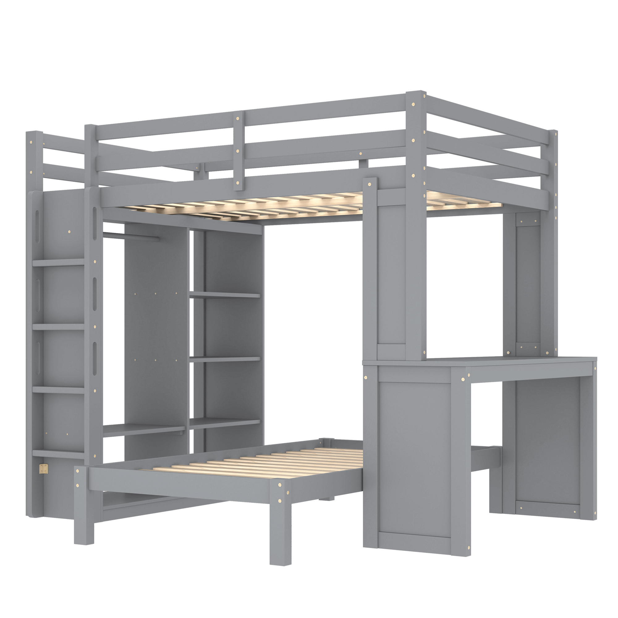 Solid Wood Full Xl/Full Over Twin Bunk Bed With Dismountable Lower Bed, Desk, Built-in Shelves And Wardrobe