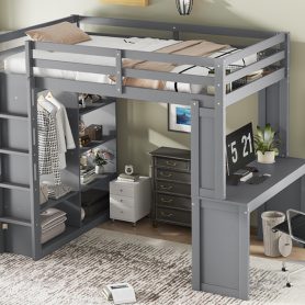 Solid Wood Full Xl/Full Over Twin Bunk Bed With Dismountable Lower Bed, Desk, Built-in Shelves And Wardrobe