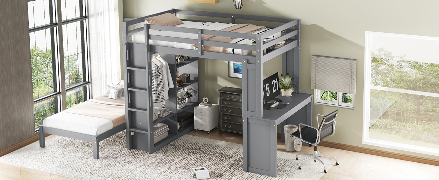 Solid Wood Full Xl/Full Over Twin Bunk Bed With Dismountable Lower Bed, Desk, Built-in Shelves And Wardrobe