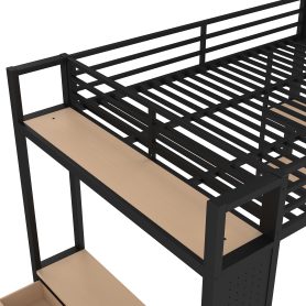 Metal Queen Size Loft Bed Frame With Wardrobe, Storage Shelves And Pegboard