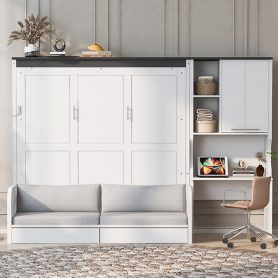 Multi-Functional Murphy Bed with Sofa, Desk, and Storage Cabinet, Queen Size