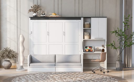 Multi-Functional Murphy Bed with Sofa, Desk, and Storage Cabinet, Queen Size