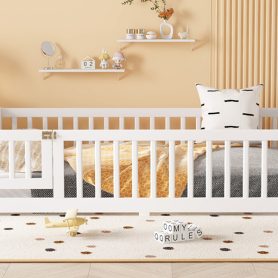 Full Size Floor Bed with Safety Guardrail and Door