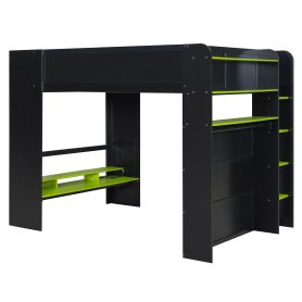 Full Size Wood Bunk Bed with Desk, Wardrobe, Ample Storage Space and RGB Light