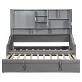 Twin Size Upholstered Daybed with LED Armrest Lights, Storage Shelves & Cabinets