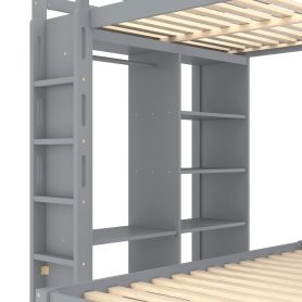 Solid Wood Full Xl/Full Over Twin Bunk Bed With Dismountable Lower Bed, Desk, Built-in Shelves And Wardrobe