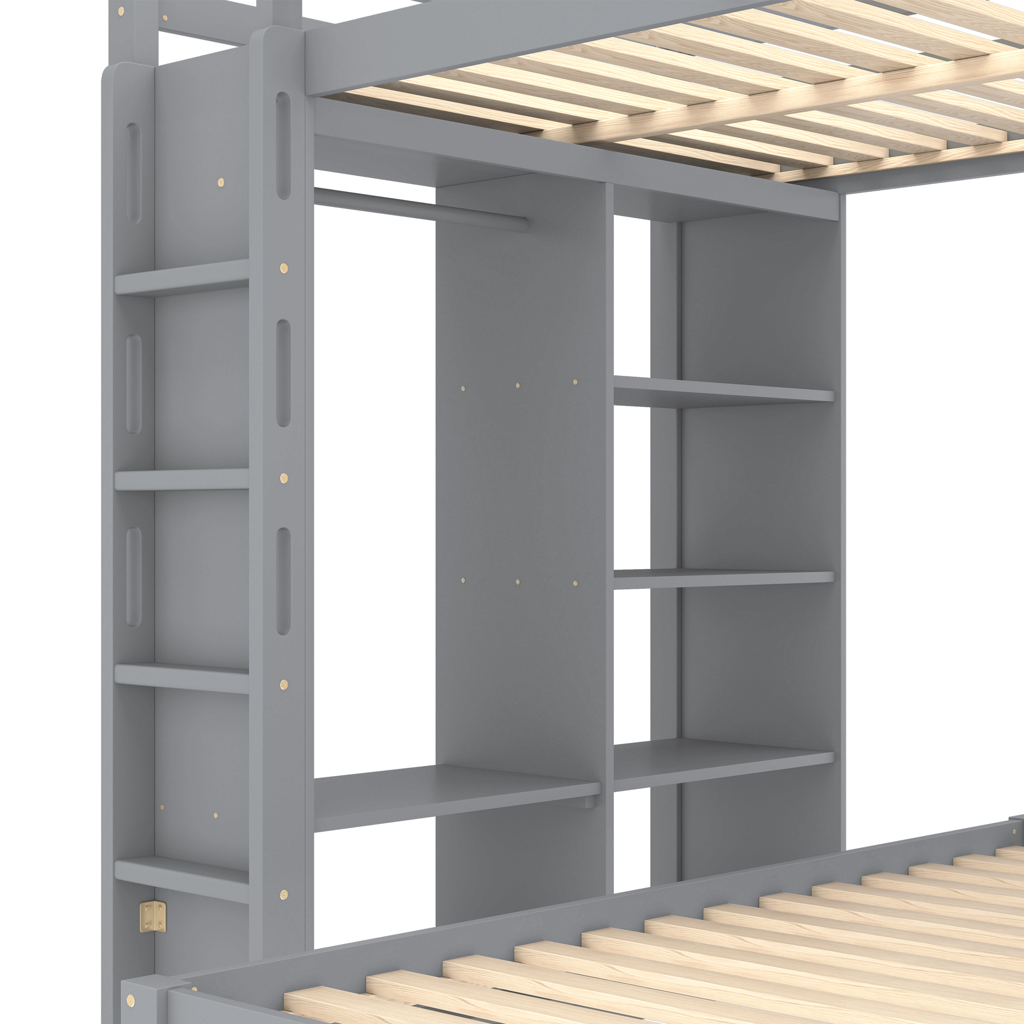 Solid Wood Full Xl/Full Over Twin Bunk Bed With Dismountable Lower Bed, Desk, Built-in Shelves And Wardrobe