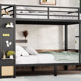 Metal Queen over Queen Size Bunk Bed with Storage Shelves, Drawers and Pegboard