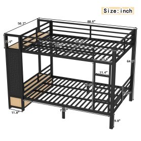 Metal Full Over Full Size Bunk Bed With Storage Shelves, Drawers and Pegboard