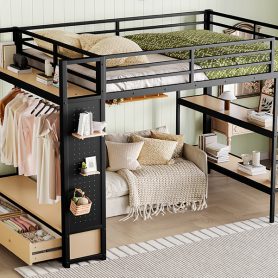 Metal Queen Size Loft Bed Frame With Wardrobe, Storage Shelves And Pegboard