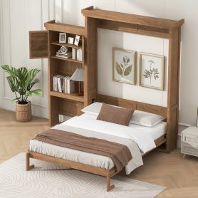 Queen Size Murphy Bed with Multiple Storage Shelves and Louvered Style Decoration