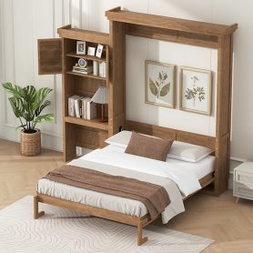 Queen Size Murphy Bed with Multiple Storage Shelves and Louvered Style Decoration