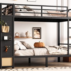 Metal Full Over Full Size Bunk Bed With Storage Shelves, Drawers and Pegboard