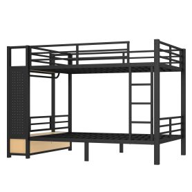 Metal Full Over Full Size Bunk Bed With Storage Shelves, Drawers and Pegboard
