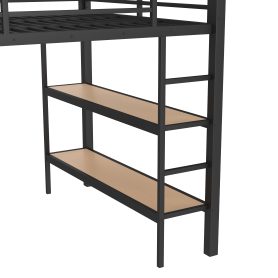 Metal Queen Size Loft Bed Frame With Wardrobe, Storage Shelves And Pegboard