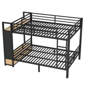 Metal Queen over Queen Size Bunk Bed with Storage Shelves, Drawers and Pegboard