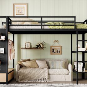 Metal Queen Size Loft Bed Frame With Wardrobe, Storage Shelves And Pegboard