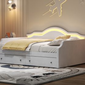Full Size Upholstered Daybed with LED and 2 Drawers