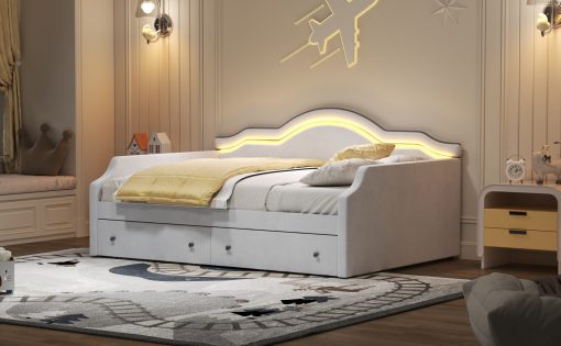 Full Size Upholstered Daybed with LED and 2 Drawers
