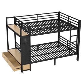 Metal Queen over Queen Size Bunk Bed with Storage Shelves, Drawers and Pegboard