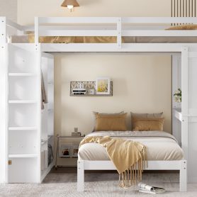 Solid Wood Queen Over Twin Bunk Bed With Dismountable Lower Bed, Desk, Built-in Shelves And Wardrobe