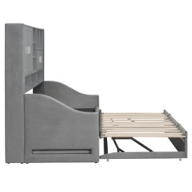 Twin Size Upholstered Daybed with LED Armrest Lights, Storage Shelves & Cabinets
