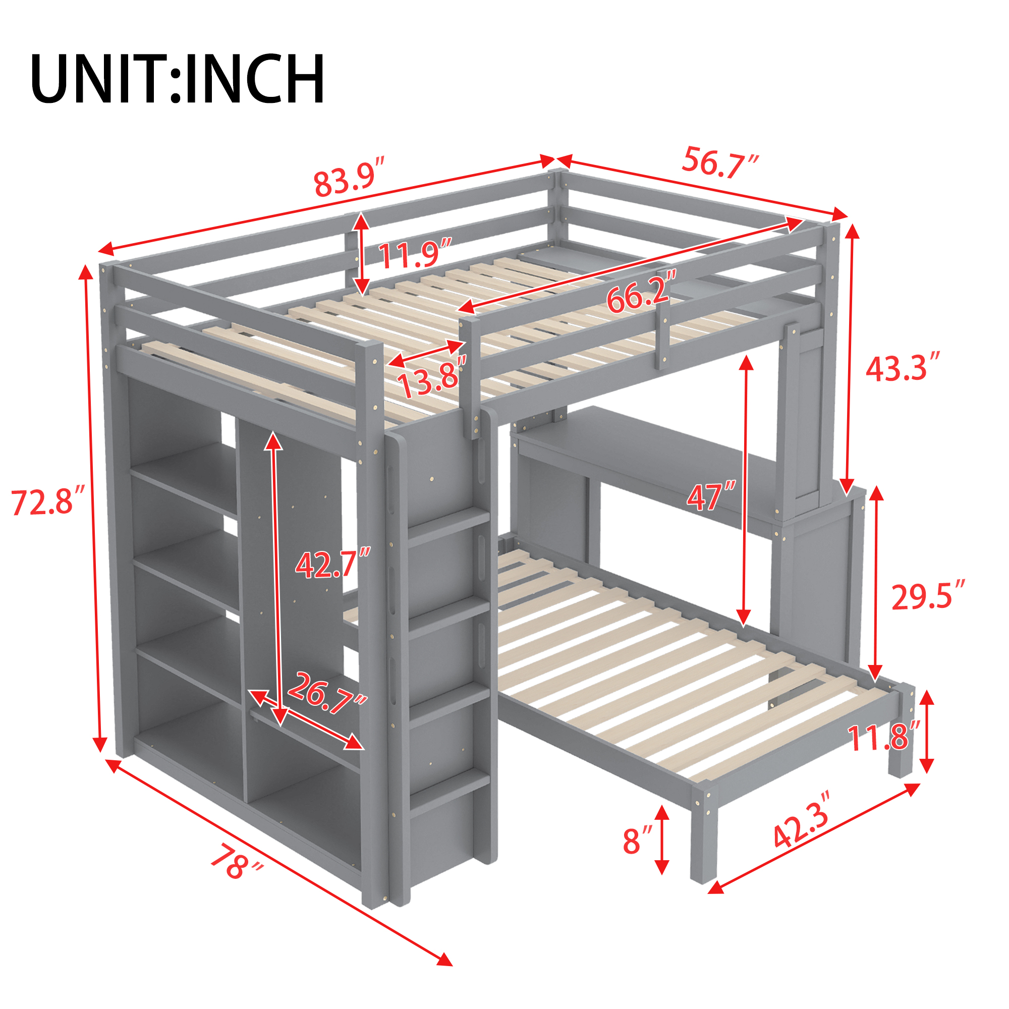 Solid Wood Full Xl/Full Over Twin Bunk Bed With Dismountable Lower Bed, Desk, Built-in Shelves And Wardrobe