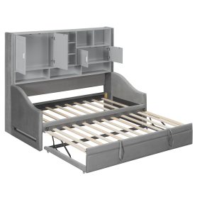 Twin Size Upholstered Daybed with LED Armrest Lights, Storage Shelves & Cabinets