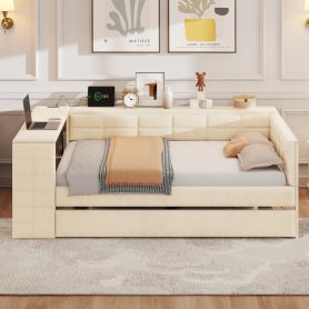 Full Size Upholstered Platform Bed with Storage Shelves, Desk, Charging Station and Trundle 25 Full Size Upholstered Platform Bed with Storage Shelves, Desk, Charging Station and Trundle