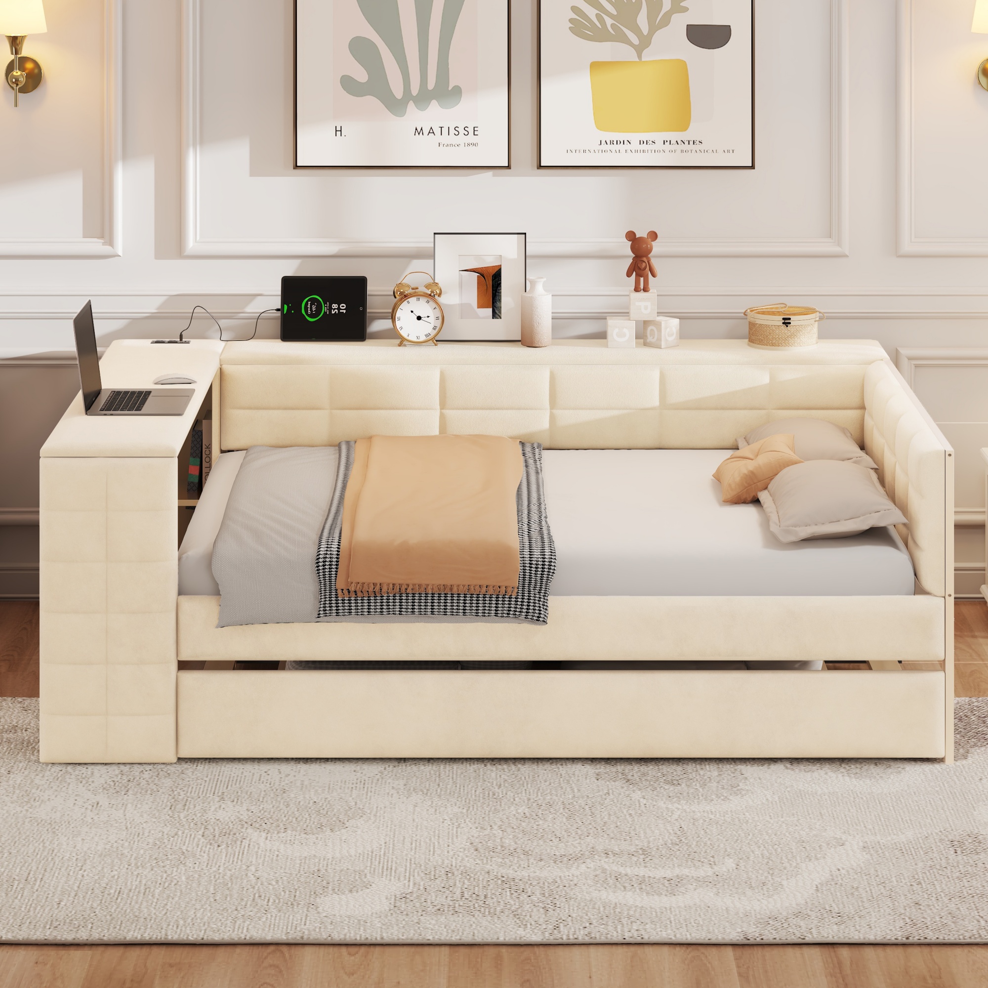 Full Size Upholstered Platform Bed with Storage Shelves, Desk, Charging Station and Trundle 5 Full Size Upholstered Platform Bed with Storage Shelves, Desk, Charging Station and Trundle