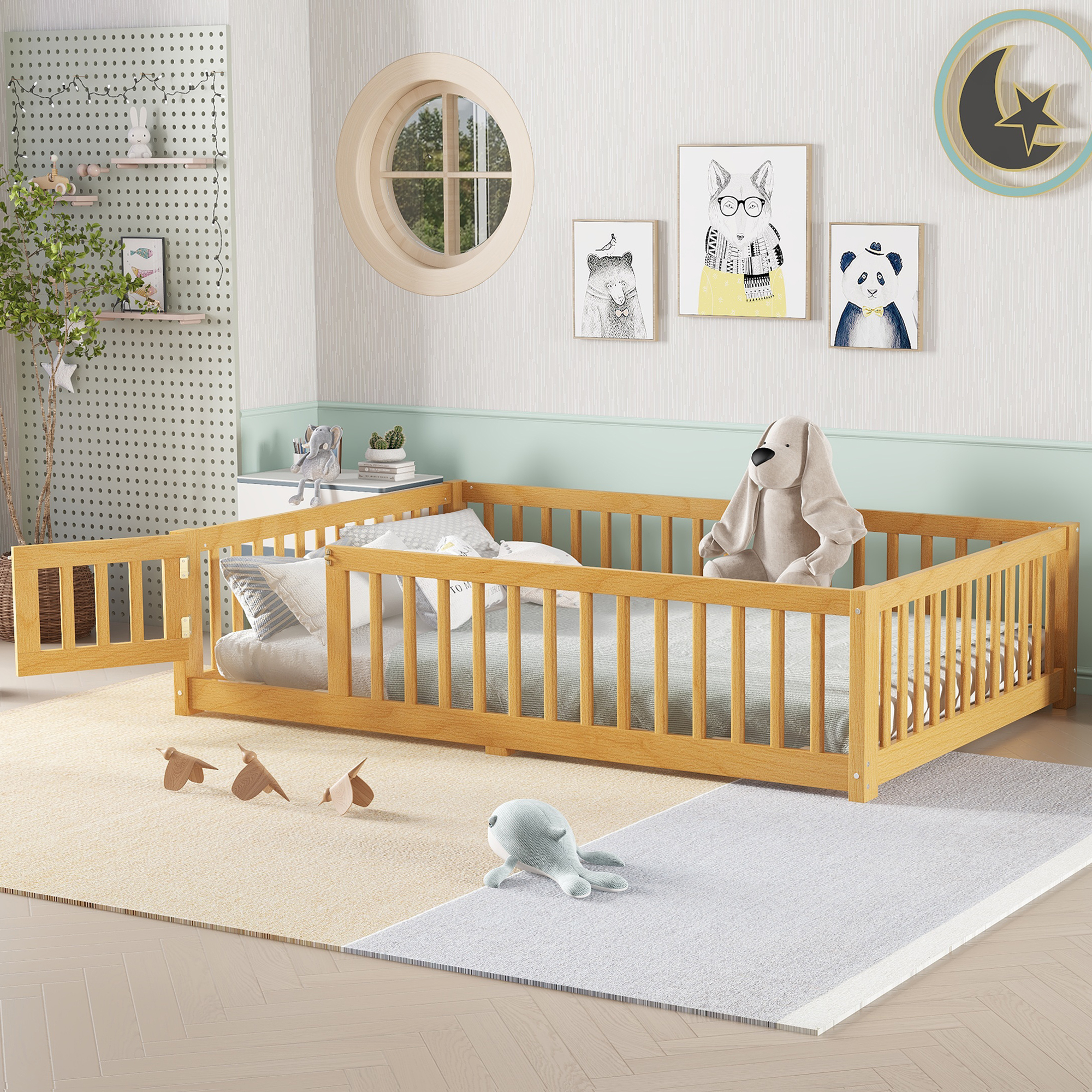 Full Size Floor Bed with Safety Guardrail and Door