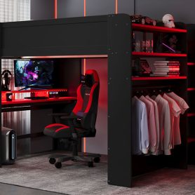 Full Size Wood Bunk Bed with height-adjustable Desk,Wardrobe,Ample Storage Space,and RGB Light