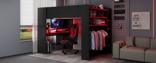 Full Size Wood Bunk Bed with height-adjustable Desk,Wardrobe,Ample Storage Space,and RGB Light