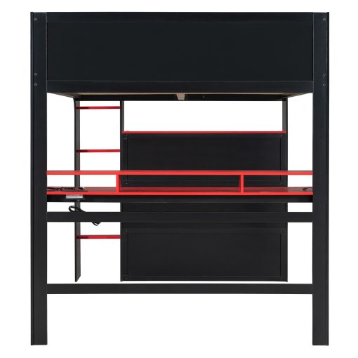 Full Size Wood Bunk Bed with height-adjustable Desk,Wardrobe,Ample Storage Space,and RGB Light