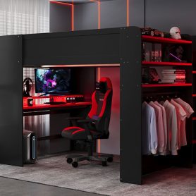 Full Size Wood Bunk Bed with height-adjustable Desk,Wardrobe,Ample Storage Space,and RGB Light