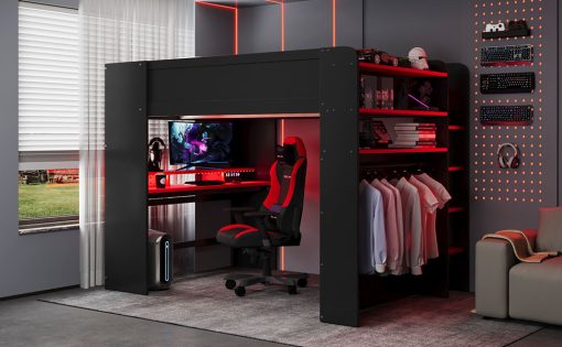 Full Size Wood Bunk Bed with height-adjustable Desk,Wardrobe,Ample Storage Space,and RGB Light
