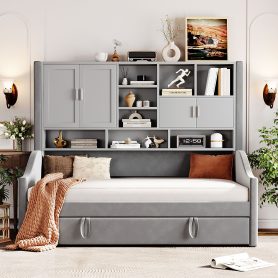 Twin Size Upholstered Daybed with LED Armrest Lights, Storage Shelves & Cabinets