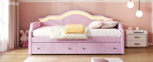 Twin Size Upholstered Daybed with LED and 2 Drawers