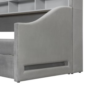 Twin Size Upholstered Daybed with LED Armrest Lights, Storage Shelves & Cabinets