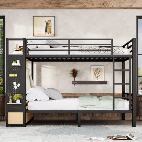 Metal Queen over Queen Size Bunk Bed with Storage Shelves, Drawers and Pegboard