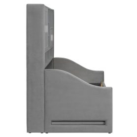 Twin Size Upholstered Daybed with LED Armrest Lights, Storage Shelves & Cabinets