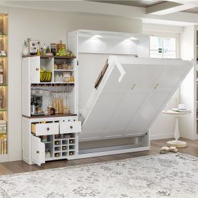 Queen Size Murphy Bed With Storage Cabinet, Wine Rack, Glass Holder, Drawers And Multi-color LED Strip