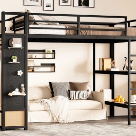 Metal Full Size Loft Bed Frame With Wardrobe, Storage Shelves And Pegboard